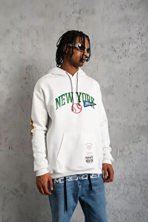 Erkek Baskılı Kapüşonlu Sweatshirt - Beyaz