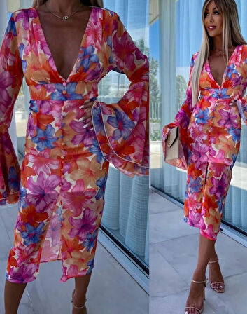 Kadın Göğüs Dekolteli Kolları Volan Detay Astarlı Tül Elbise