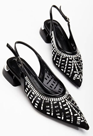 Piyar Siyah Taşlı Topuklu Ayakkabı