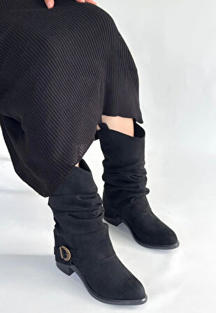 Canty Siyah Süet Körüklü Topuklu Çizme