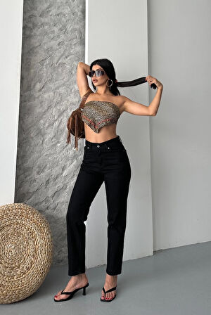 Mom fit enzim taş yıkama jeans pantolon siyah d2006