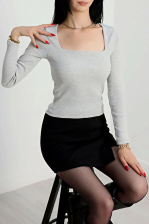 Çerçeve yaka kaşkorse bluz gri