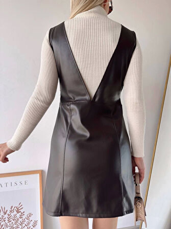 Deri jile elbise kahve w24796