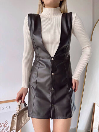 Deri jile elbise kahve w24796