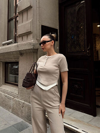 Düğme yakalı bej alt üst takım s3943