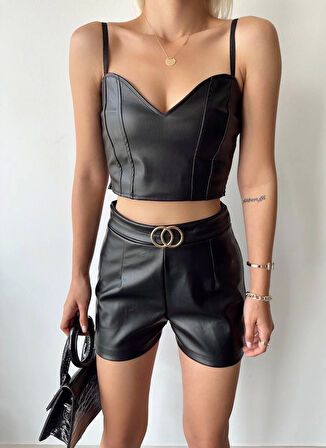Tokalı deri şort siyah s24444