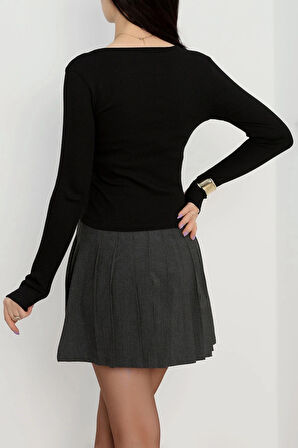 Bisiklet Yaka Parmak Geçmeli Kaşkorse bluz siyah a3829