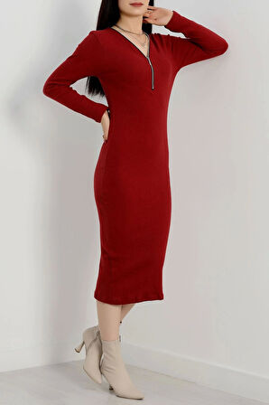 Fermuar detaylı fitilli şardonlu elbise bordo a3178