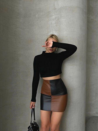 Damalı deri etek siyah kahve w24648