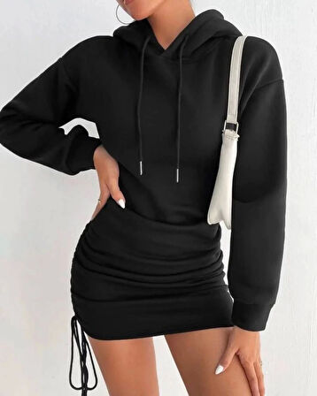 3 iplik şardonlu kapşonlu elbise siyah