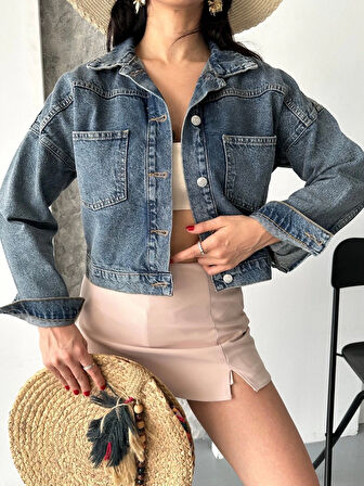 Çift cepli kol katlamalı kar yıkama crop kot ceket kahve tint d2000