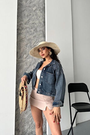 Çift cepli kol katlamalı kar yıkama crop kot ceket kahve tint d2000