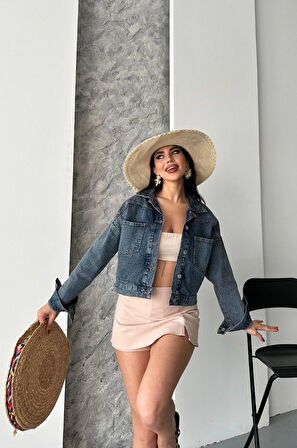 Çift cepli kol katlamalı kar yıkama crop kot ceket kahve tint d2000