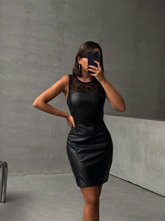 Üstü dantelli straplez deri elbise siyah w24421