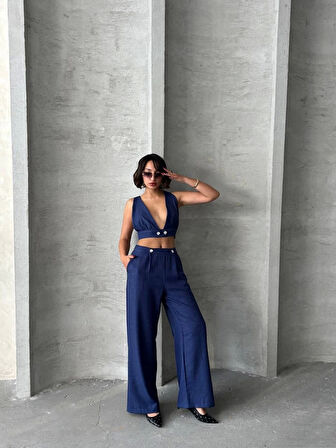 Crop pantolon keten takım s255012