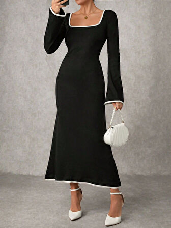 Biyeli uzun elbise siyah