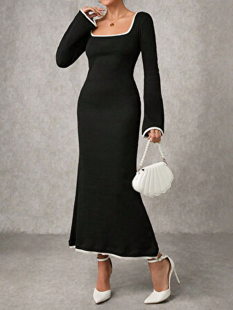 Biyeli uzun elbise siyah