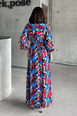 Dokuma baskılı yarasa kol elbise s8124