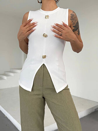 Kadın beyaz bisiklet yaka gold düğmeli ottoman bluz s2310