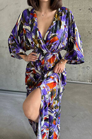 Dokuma baskılı yarasa kol elbise s8124