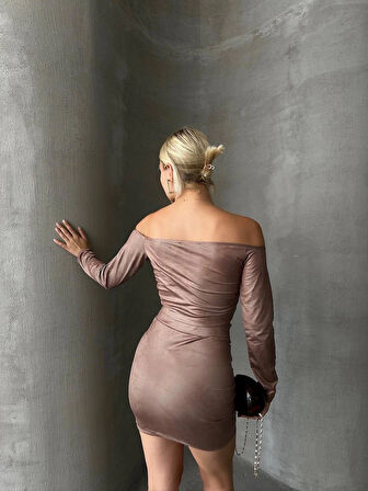 Büzgülü etek bluz takım kahve s24709