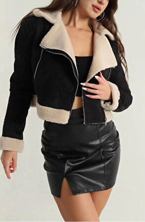 İçi kürklü dışı süet kısa kaban siyah t1186