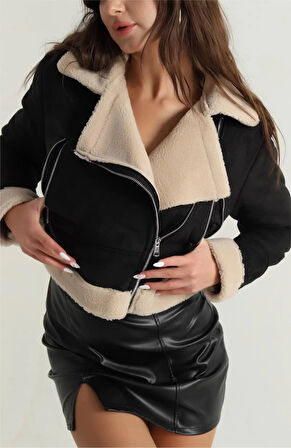 İçi kürklü dışı süet kısa kaban siyah t1186