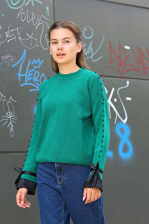 Boncuklu bile detaylı kazak petrol yeşili