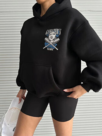 3 iplik şardonlu oversize kafa baskılı sweat siyah