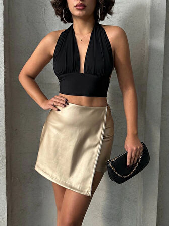 Taşlı şort etek deri gold h240018