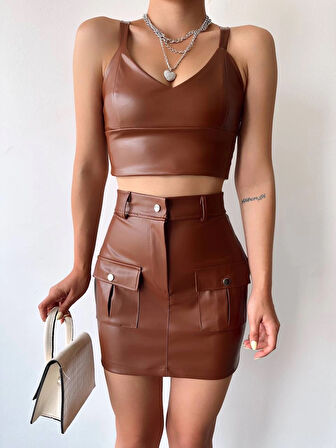 Önden iki cepli deri etek kahve h240040