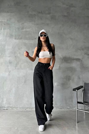 Arkadan tokalı jeans pantolon Siyah