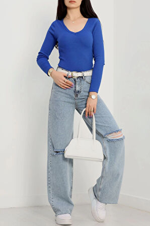 V yaka kaşkorse bluz saks mavisi a3699