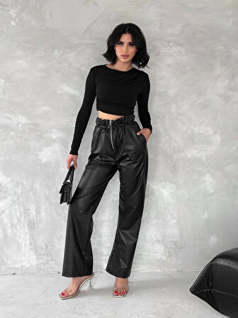 Kendinden ince kemerli deri pantolon siyah t1178