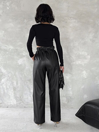 Kendinden ince kemerli deri pantolon siyah t1178