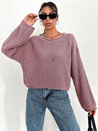 Salaş delik detaylı kazak pembe