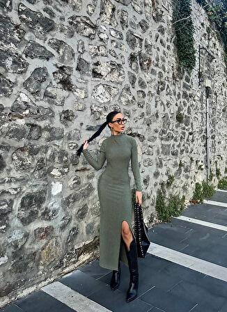 Yırtmaçlı kalın bürümcük uzun elbise Yeşil