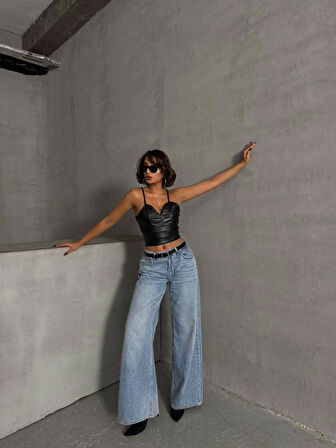 İp askılı yandan fermuarlı rastale deri crop siyah s24113