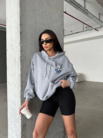 3 iplik şardonlu oversize kafa baskılı sweat gri
