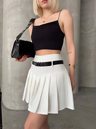 Kemerli piliseli şort etek beyaz s25305