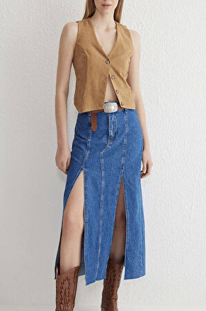 Çift yırtmaçlı jean etek s140