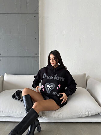 3 iplik şardonlu oversize true baskılı sweat siyah