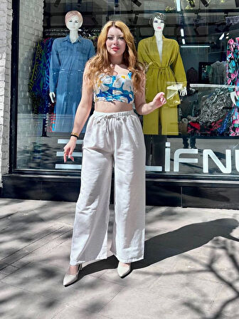 Bağcıklı keten pantolon krem