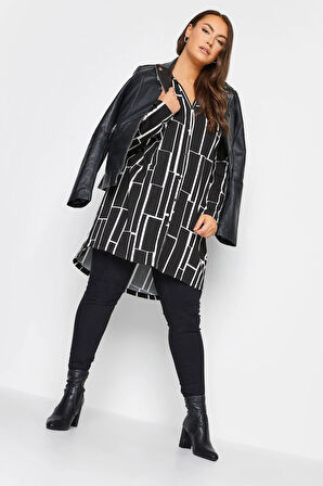 Büyük Beden Geometrik Desenli Uzun Kesim Uzun Kollu Gömlek 321234