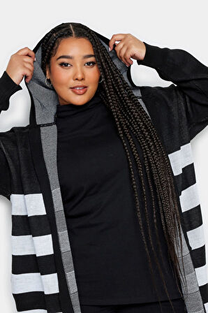 Büyük Beden Uzun Kollu Cepli Kapüşonlu Çizgili Örme Hırka 302793