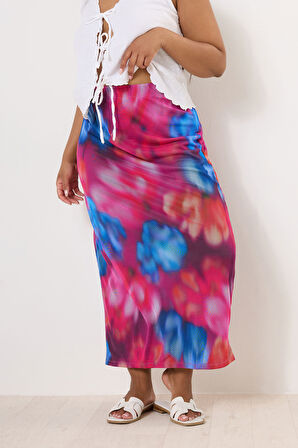 Büyük Beden Beli Lastikli Desenli Astarlı Uzun Tül Etek 160297