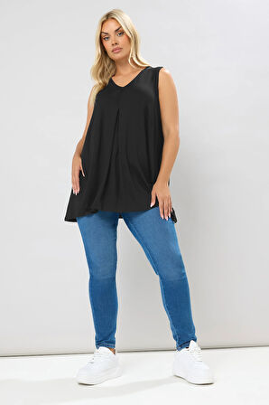 Büyük Beden Sıfır Kol V Yaka Eteği Bollaşan Basic Bluz 191309