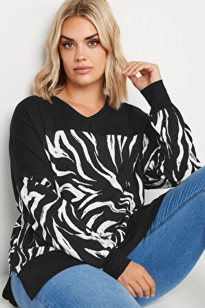 Büyük Beden Desenli Esnek Kumaş Uzun Kollu Uzun Kesim Bluz 303057