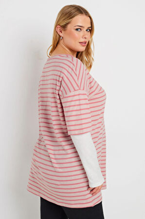 Büyük Beden Bisiklet Yaka Çift Katlı Kolları Çizgili T-shirt 303119