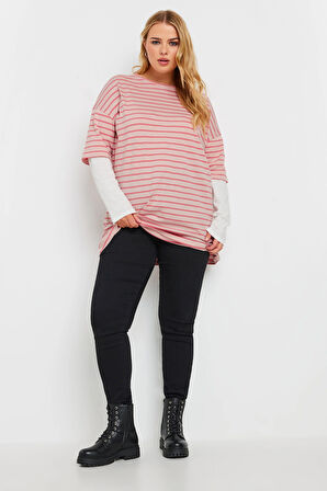 Büyük Beden Bisiklet Yaka Çift Katlı Kolları Çizgili T-shirt 303119